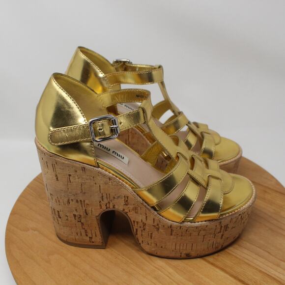 Miu Miu Heels Women 8 Platform T Bar Sandals Made In Italy Quiet Luxury Party - Picture 1 of 9
